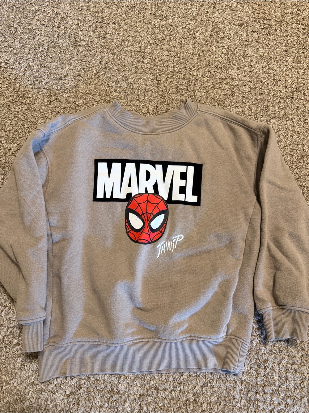 H&M Taupe Crewneck Sweatshirt with White Marvel Logo and Red Spider-Man Graphic